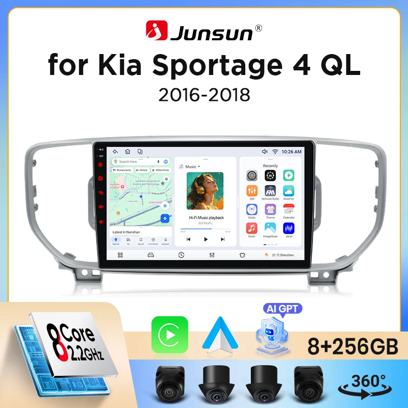 Radio para Auto Junsun con CarPlay Inalámbrico y Android Auto para Kia Sportage Mk4 (QL) 2015-2021, Ventilador de Refrigeración Integrado, Navegación GPS Android, Reproductor Multimedia, WiFi, DSP, RDS, BT, SWC, Pantalla Táctil IPS, Autoradio, Reproductor de Video, Unidad Principal Estéreo