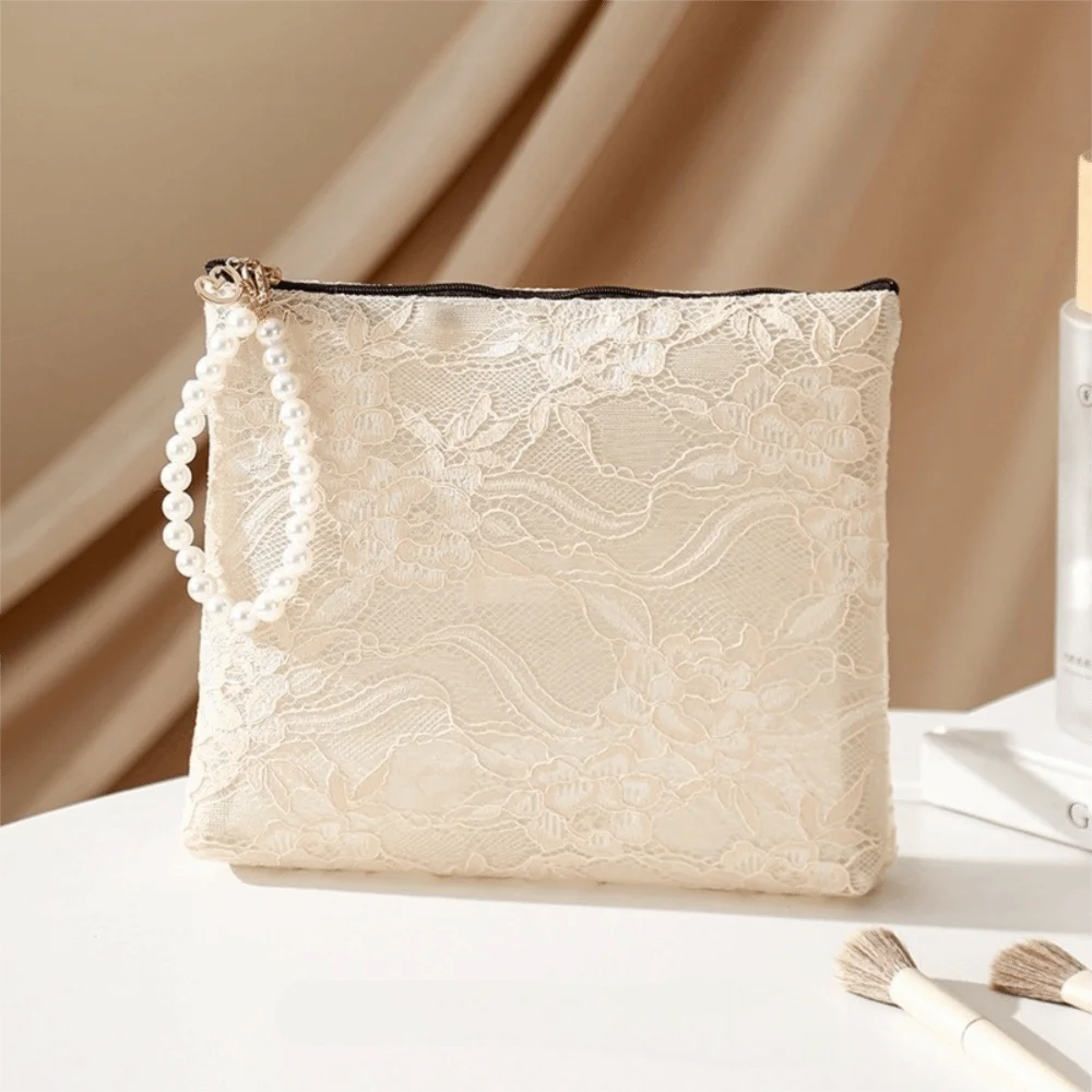 New Portable Lace Cosmetic Pouch Multifunctional with Imitation Pearl Chain Makeup Bag Wallet Travel Organizer