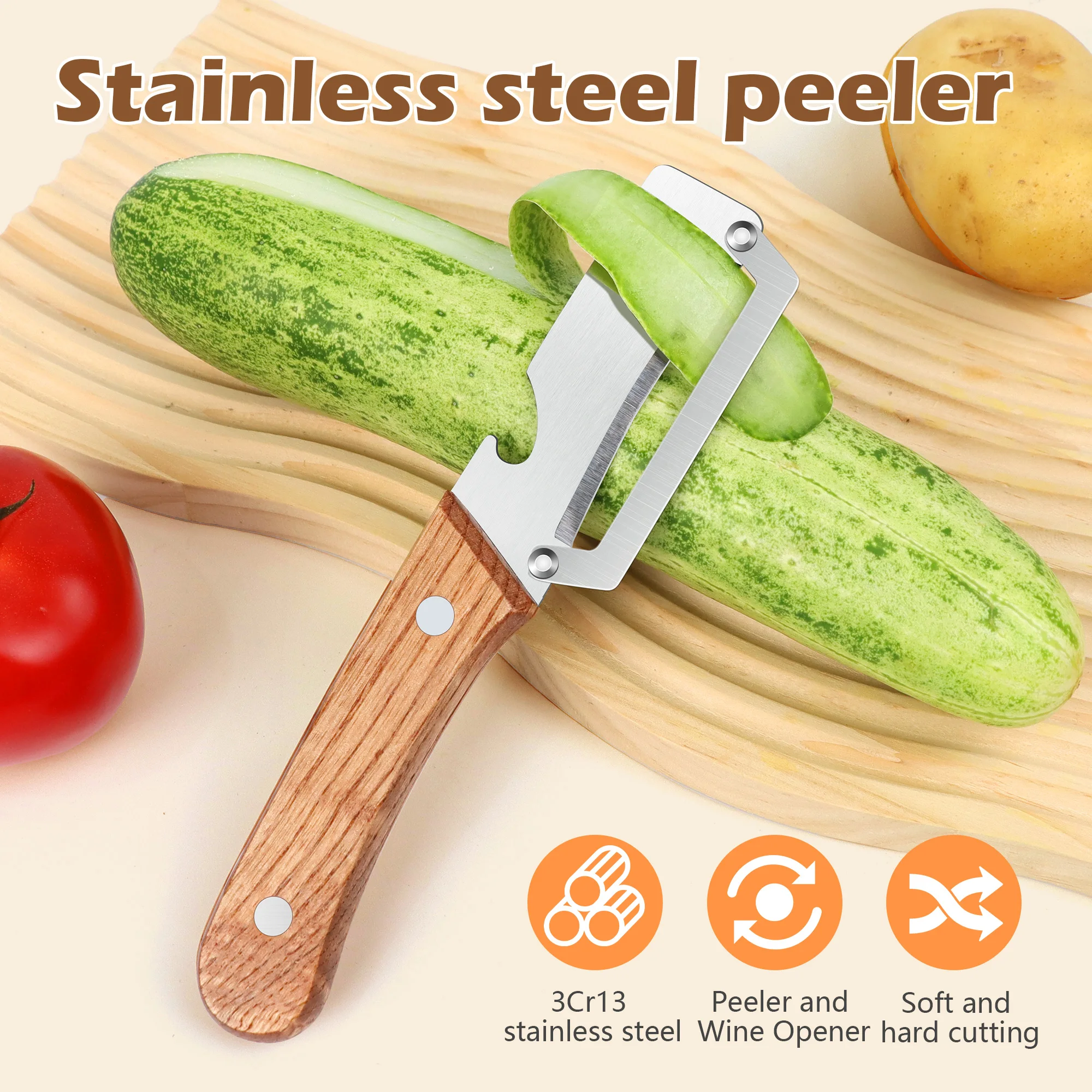 

Multifunctional Vegetable Peeler, 2 in 1 Stainless Steel Peeler, Ultra-Sharp Stainless Steel Blade with Wooden Handle and Bottle Opener for Vegetables or Fruits, Kitchen Tool