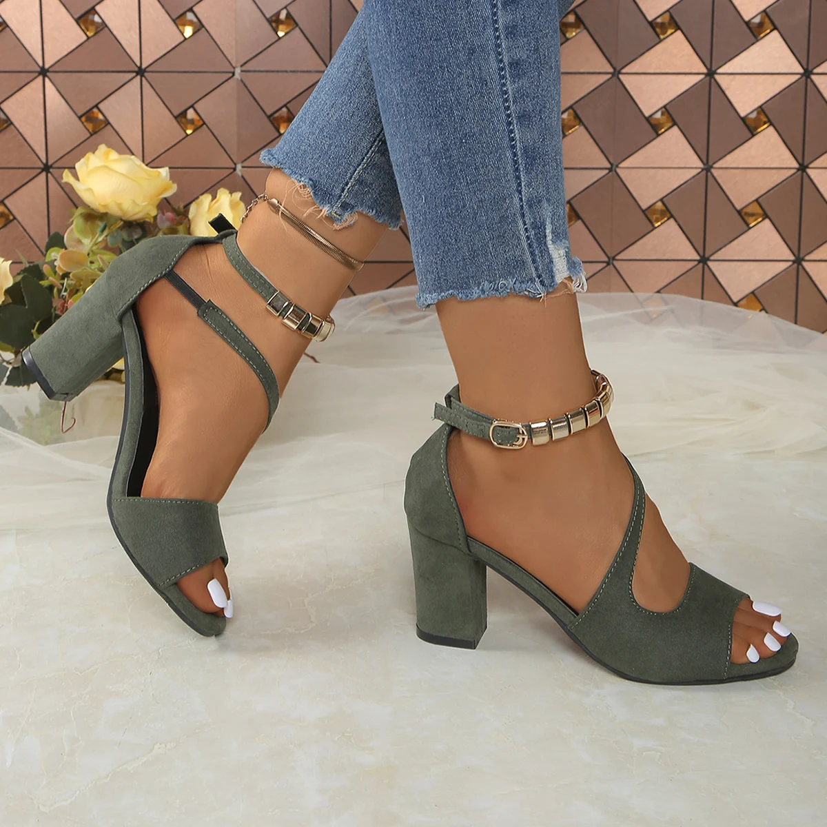 Metal Decorative Buckle Sandals 2026 New Women's Coarse Heel Round Head High Heel Sandals image 3