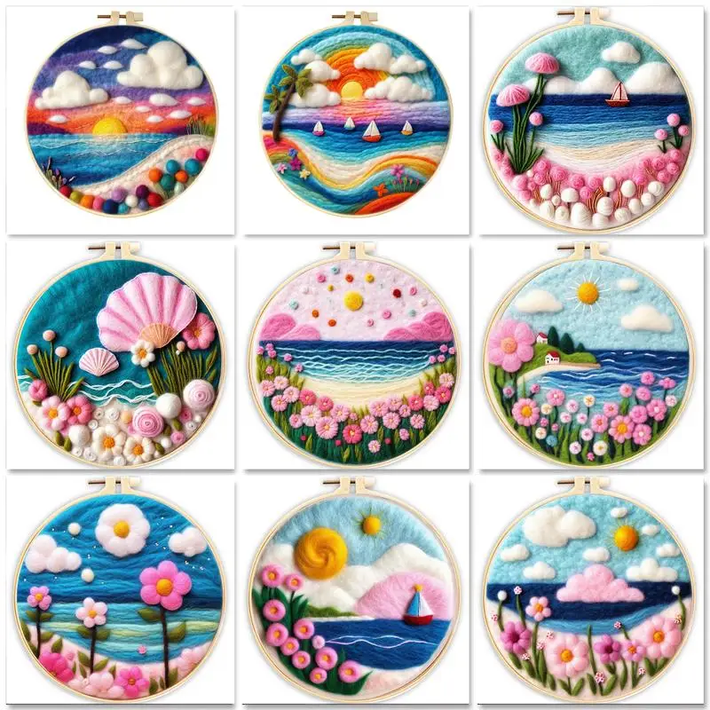 

GATYZTORY 20x20cm Needle Felting Kit Starter Creative Beach Scenery Wool Felting Painting Set for Beginners Diy Craft Ideas Gift