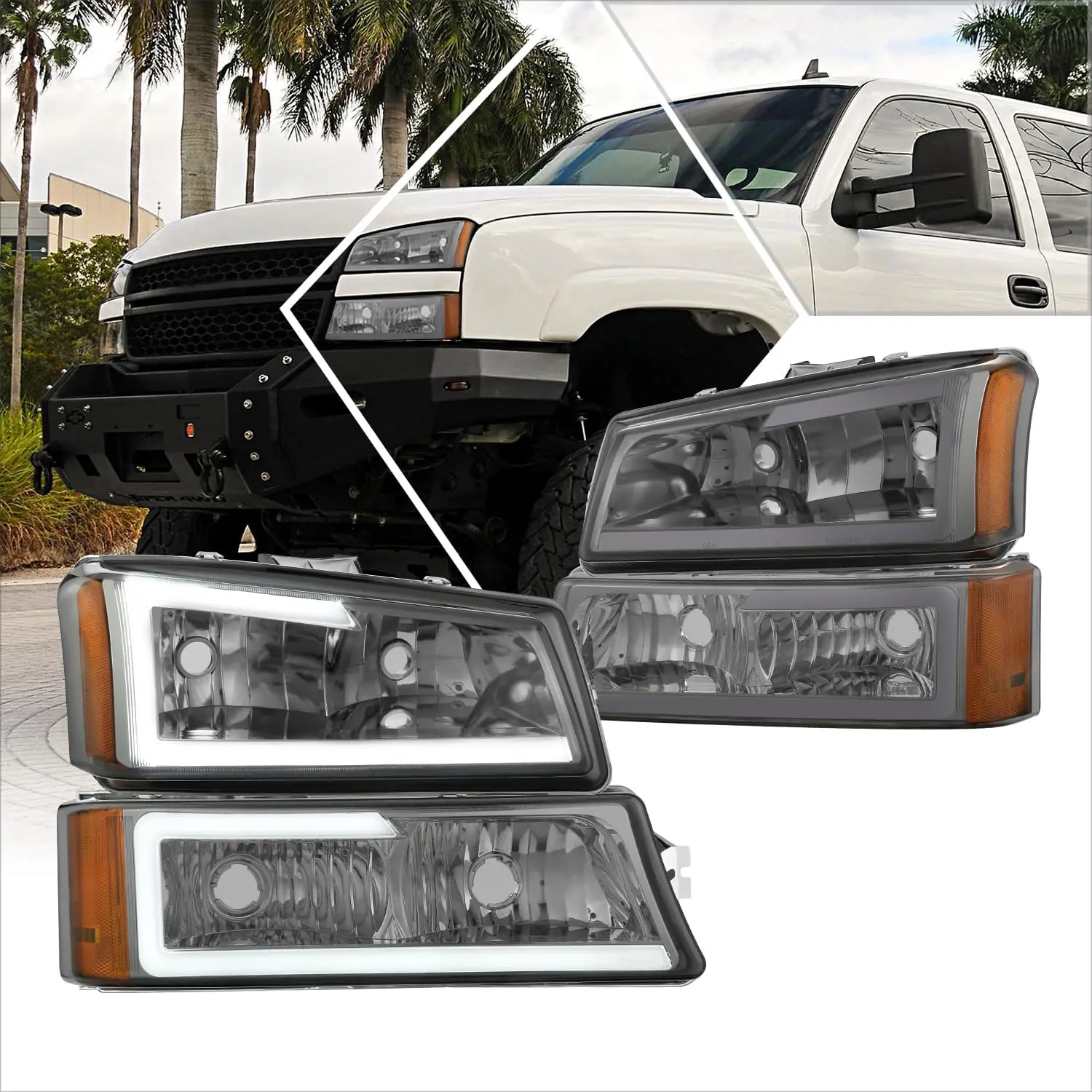 

Headlights Assembly Compatible with 2003-2007 Chevy Avalanche Silverado 1500-3500, Headlamps with Hook Style 3D LED Light Bar, D