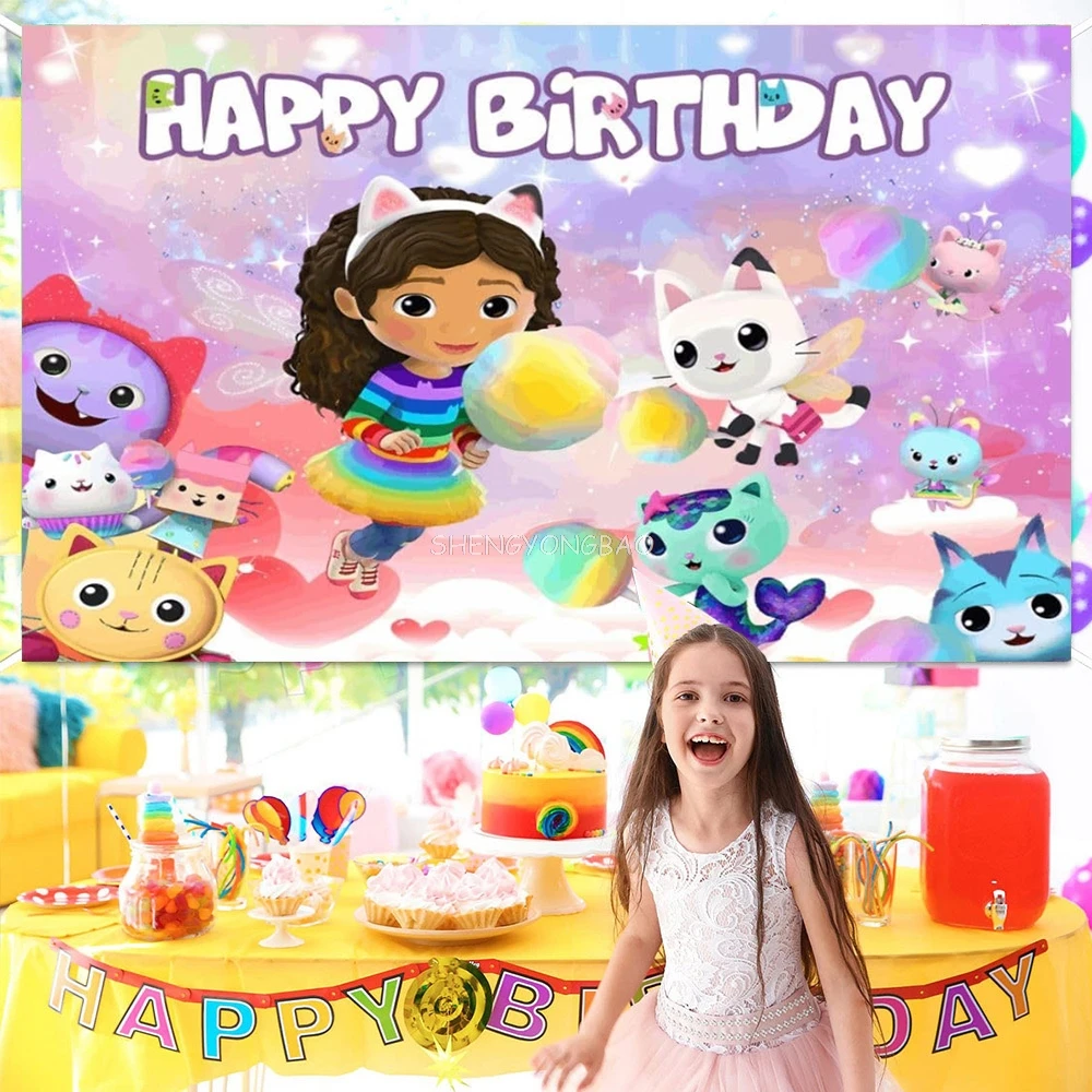 SHENGYONGBAO Gabby Dollhouse Children Birthday Decoration Background Girl Baby Shower Pink Toy Photo Shoot Banner Props JC-50