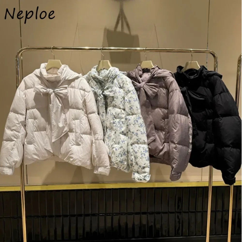 Neploe New Winter Hooded Print Bow Lace Up Parkas Short Small Fellow Sweet Literary Down Coats Japan Unique Loose Moda Jacket