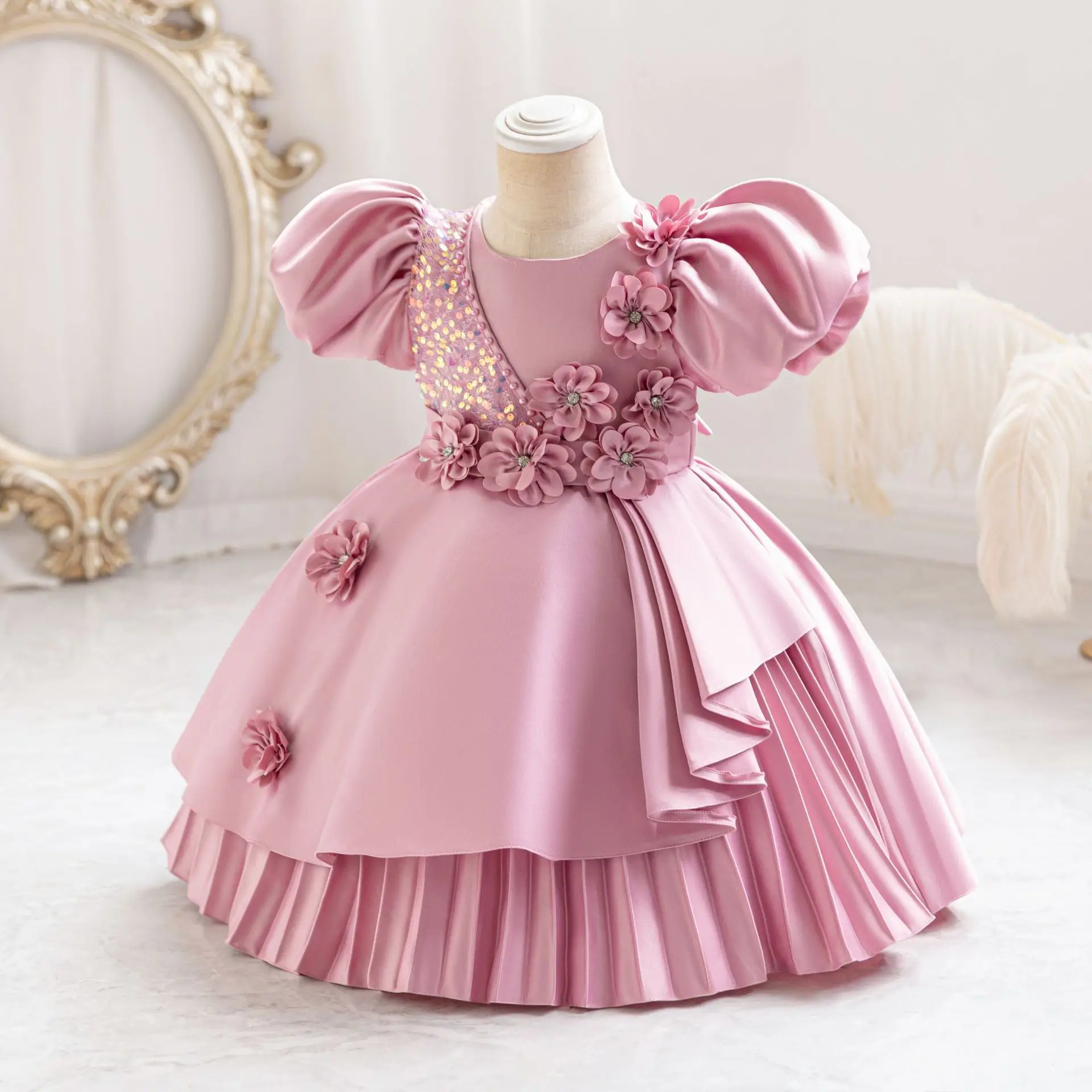 HETISO Flower Appliques Wedding Birthday Dresses For Girls Satin Sequined Christening Party Gown Kids Child Pageant Clothes 3-10