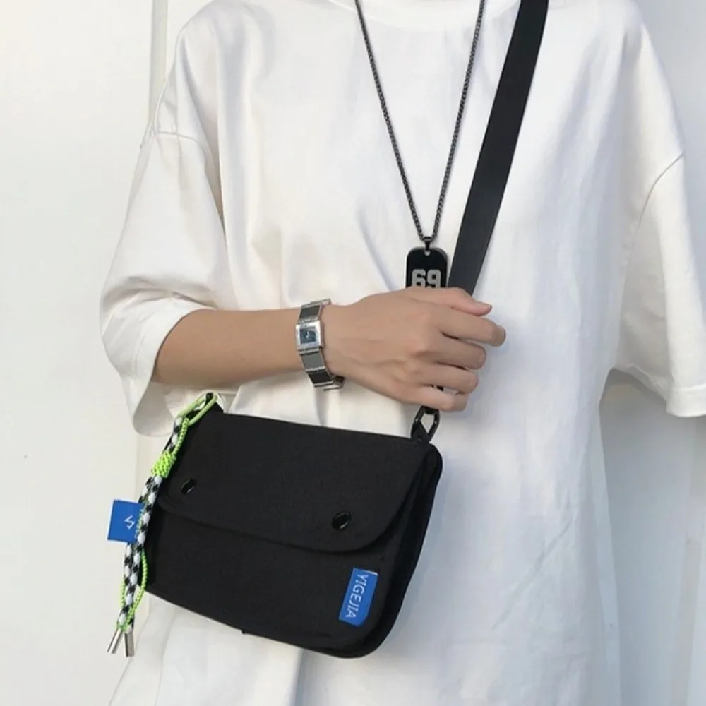 

Multiple Pockets Square Message Bag Large Capacity Solid Color Nylon Crossbody Bag Korean Style With Pendant Men Shoulder Bag