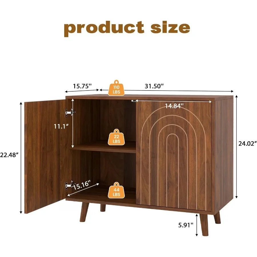 Accent cabinet for bedroom, living room, kitchen, office, hallwaywalnut finish, carved lines, modern sideboard with adjustable