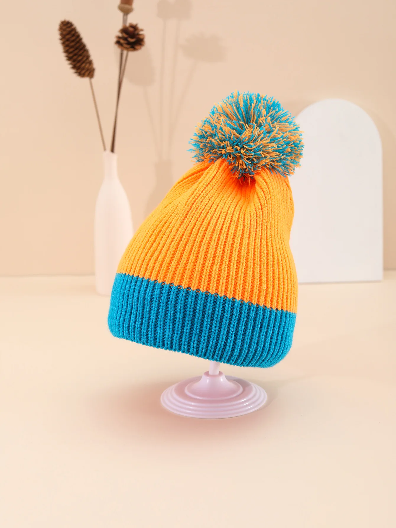 Fashion Color Matching Knitted Hats Women Winter Keep Warm Soft Beanie Cute Pompom Skull Cap