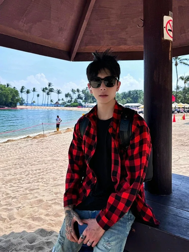 

Винтажный клетчатый мужской топ Long Sve irt Color Blo Red Bla, весенне-осенний топ в клетку для пар, свободный крой, обычный тонкий