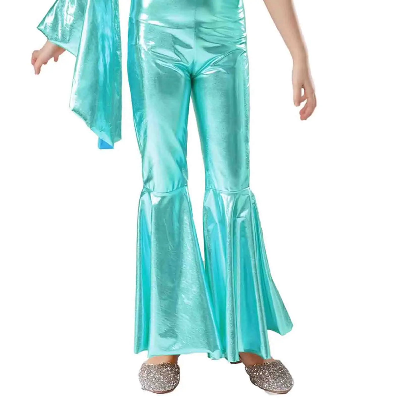 

Костюм для выступлений для девочек: винтажный комбинезон с одним открытым плечом, расклешенными рукавами, металлическим эффектом, для диско, джаза, танго, танцевальных шоу и вечеринок