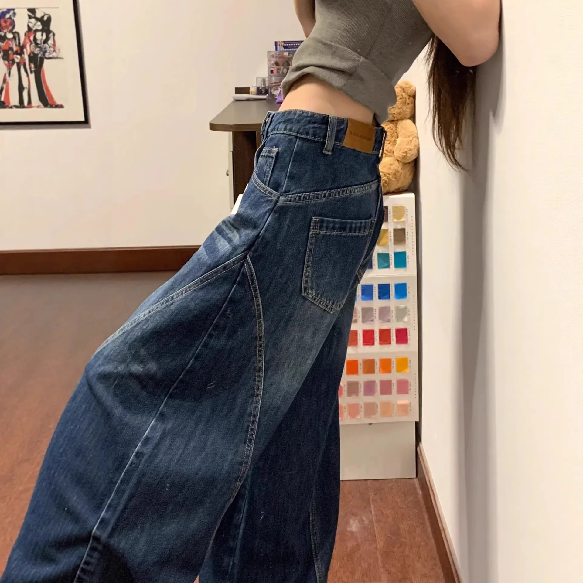 Solid Color Wide Leg Denim Jeans Women Spring Autumn New Style High Waist Loose Design Sense Commute Women Floor-Length Pant