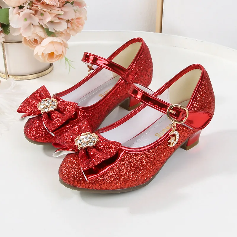 2025 New Girl Dresses Casual Shoes Fashion Sequins Bowknot Kids High Heels Glitter Sweet Children Princess Catwalk Leather Shoes