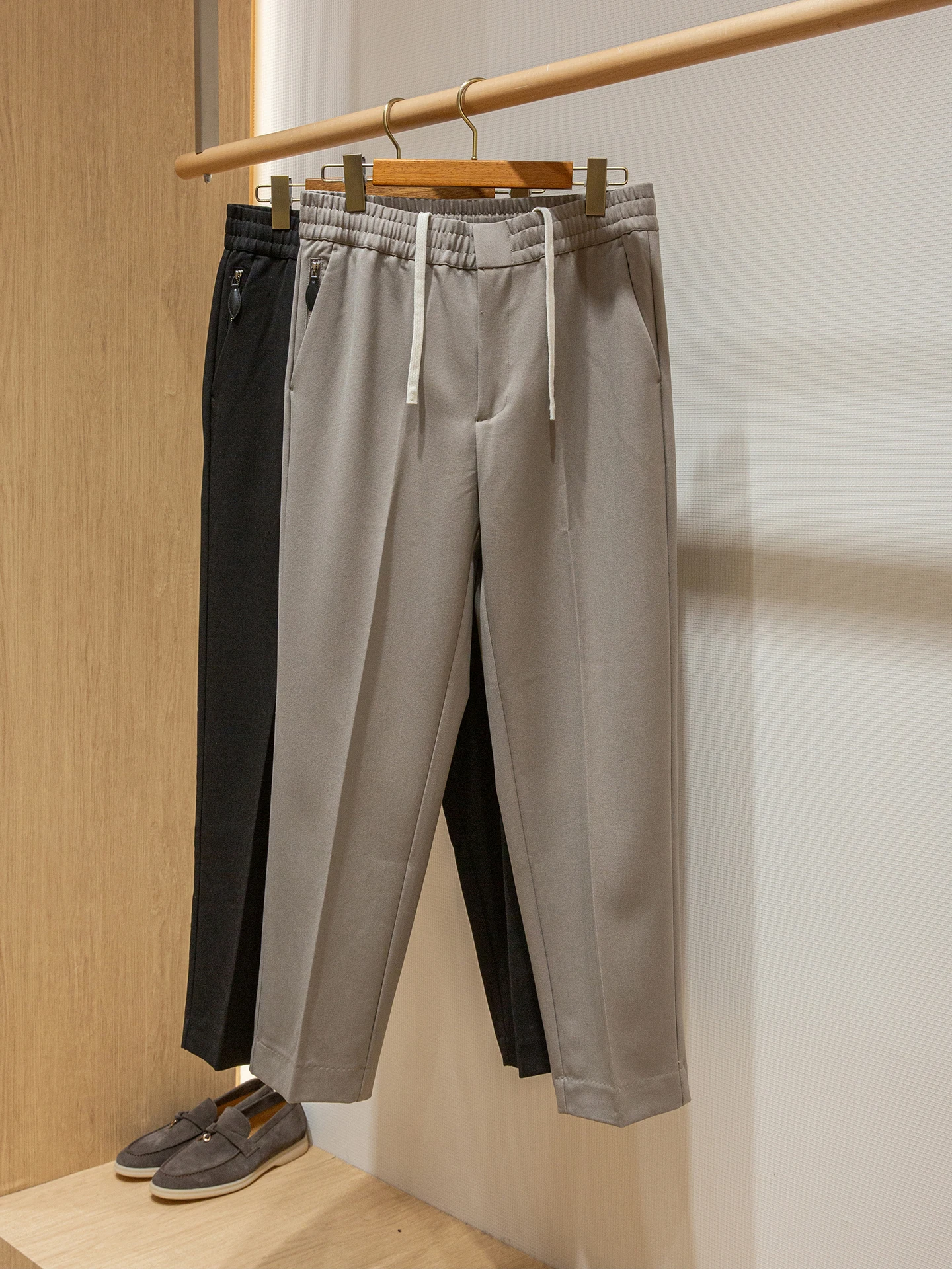 

Мужские повседневные брюки из грубой шерсти с эластичной резинкой на талии, прямые брюки, легкие роскошные брендовые брюки BOOM SOLO, полиэстер, вискоза, спандекс