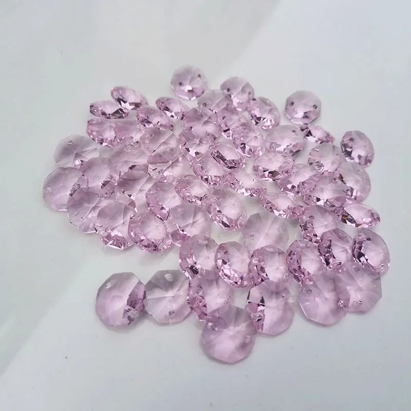 14mm Crystal Prism 2Holes Pink Octagonal Beads Prisms Suncatcher Glass Octagon Bead Chandelier Parts Garland Hanging Ornament