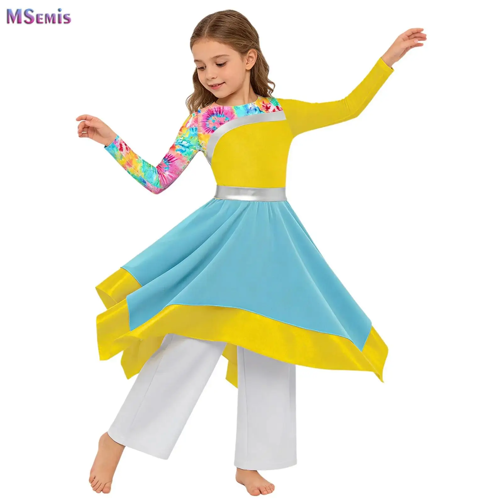 

Children Girls Christian Dance Praise Worship Robe Dress Long Sleeve Color Block Tunic Lyrical Ballet Wide-Leg Pants for Party