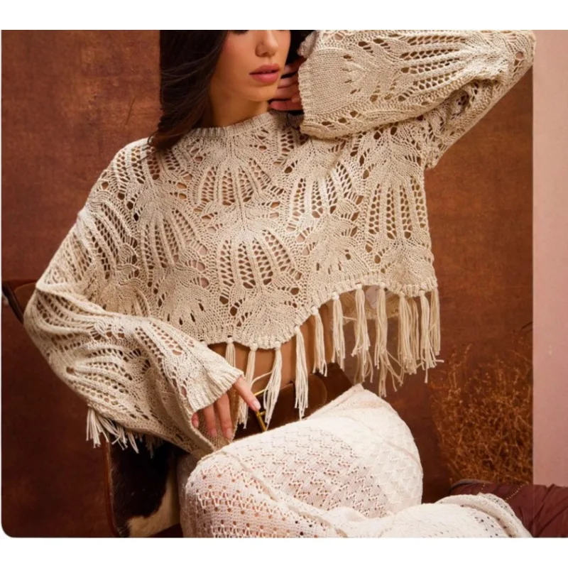 

Модный повседневный полый декоративный вязаный свитер с бахромой, женское осеннее пальто