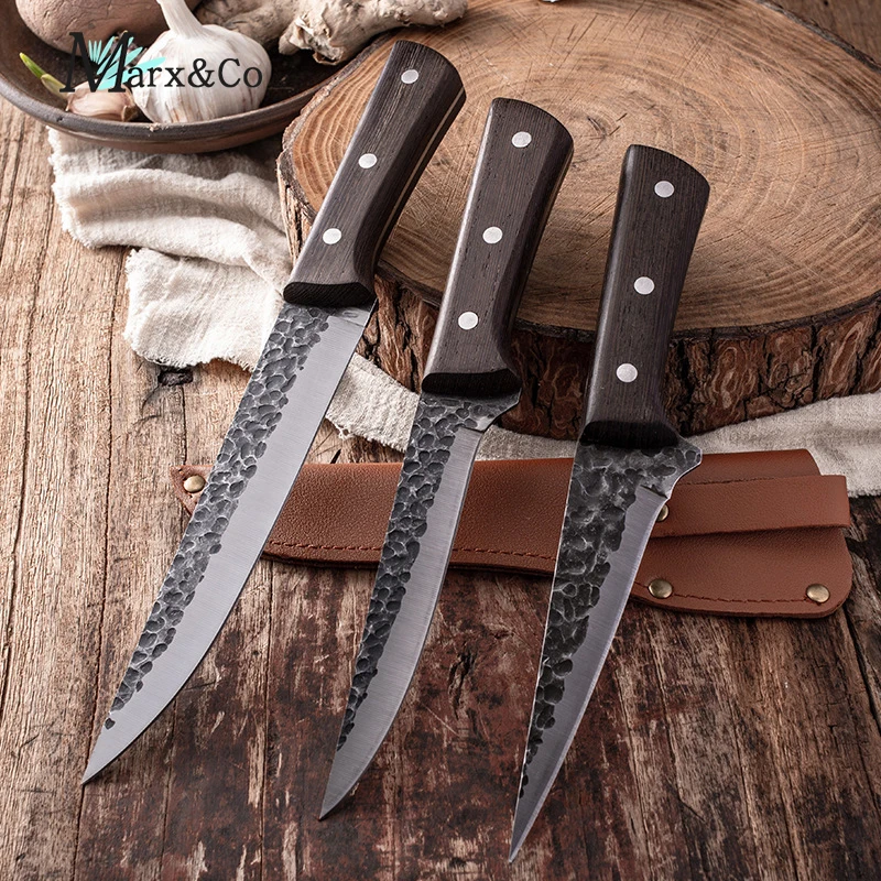 

Handmade Forged Kitchen Knives Stainless Steel Boning Knife Butcher Knife Professional Meat Cleaver Cutter with Leather Sheath