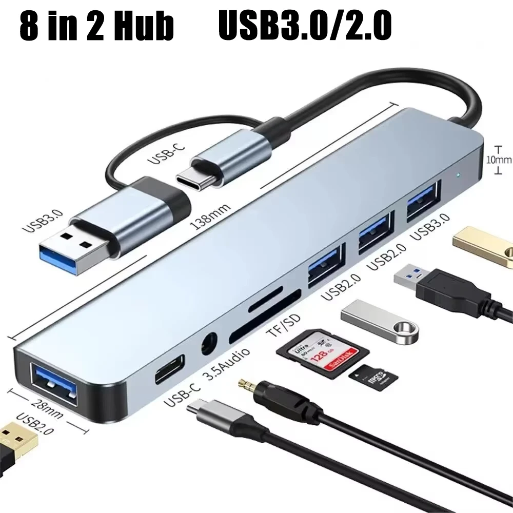 Type-C HUB 8-in-2 USB met splitter, kaartlezer, USB-C poort, USB 3.0/2.0, SD/TF splitter, kaartlezer, dockingstation voor MacBook