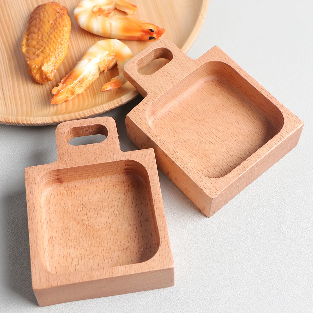 

2 pcs Wooden Dipping Bowls Beech Snack Sauce Dishes With Handle For Appetizers Serving Tray Small Dinner Plates Seasoning Bowl