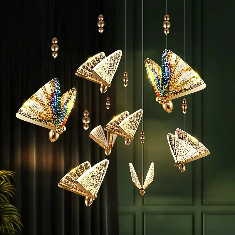 Fashionable hotel modern staircase decoration acrylic double-sided butterfly hanging lamp pendant light