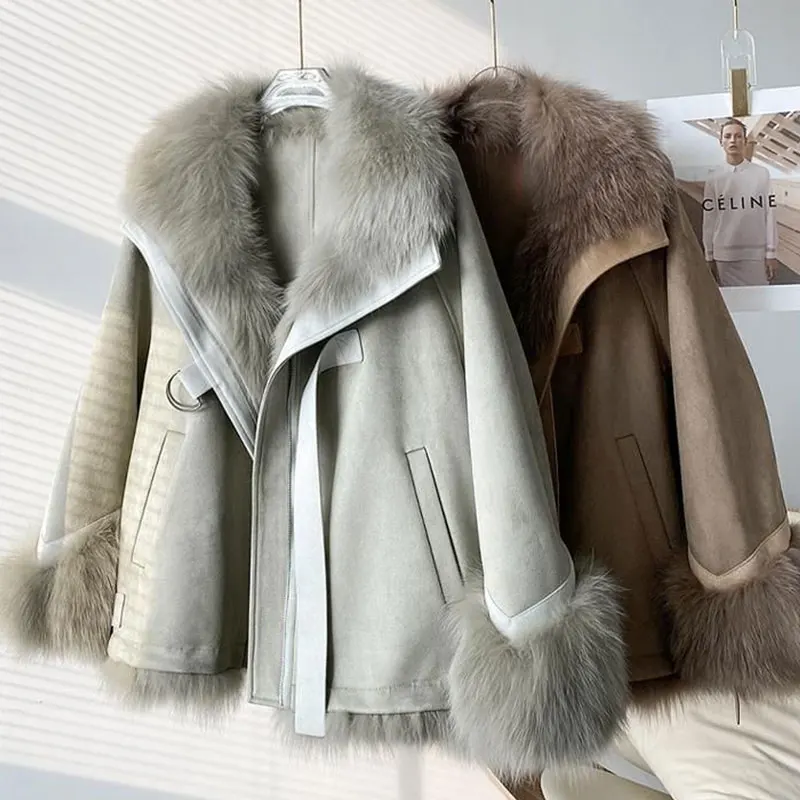 

High End Elegant Suede Fur Coat Women 2025 Winter Mid-Length Patchwork Fox Fur Inner Liner Style Parkas Thickened Warm Fur Coats