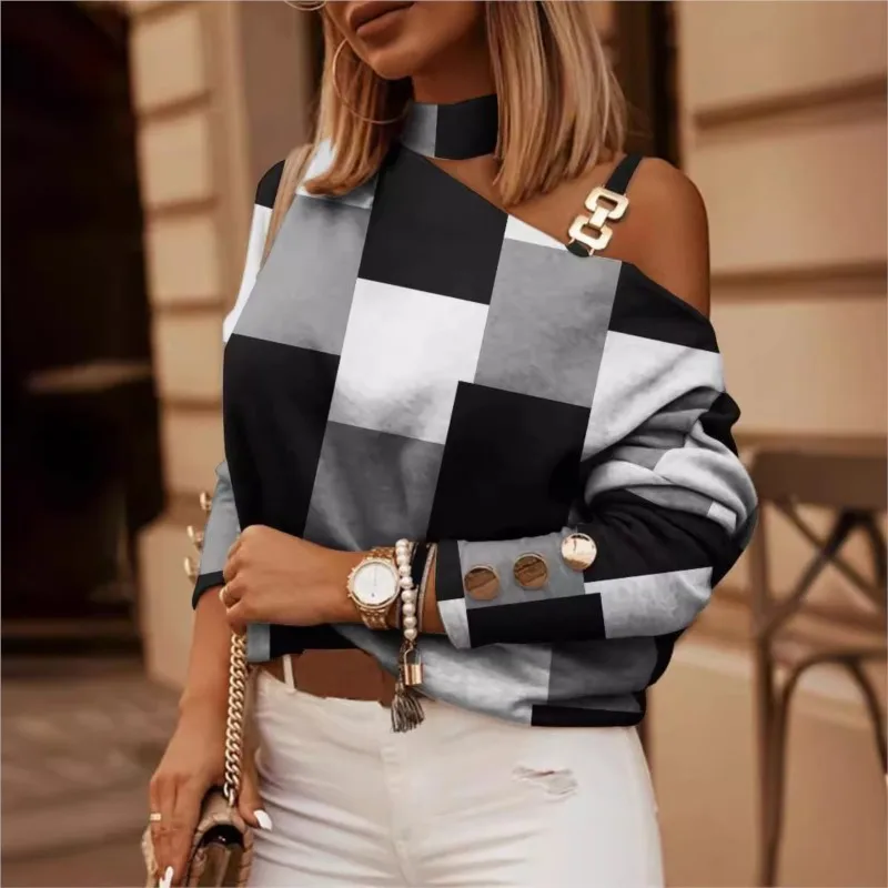 Elegant Women\'s Sexy Blouse 2024 Spring/Summer Open-shoulder Hollowed-out  Chain Hanging Neck Printed Button Fashion Female Tops