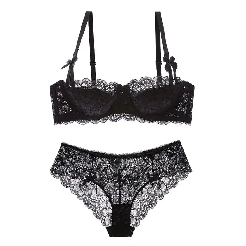 Rabbit Ear AB Cup Pure Desire Girl Bra Set | Pull-up Bra with Bow | Breathable French lace Bra | Anti-slip Cup Date Night