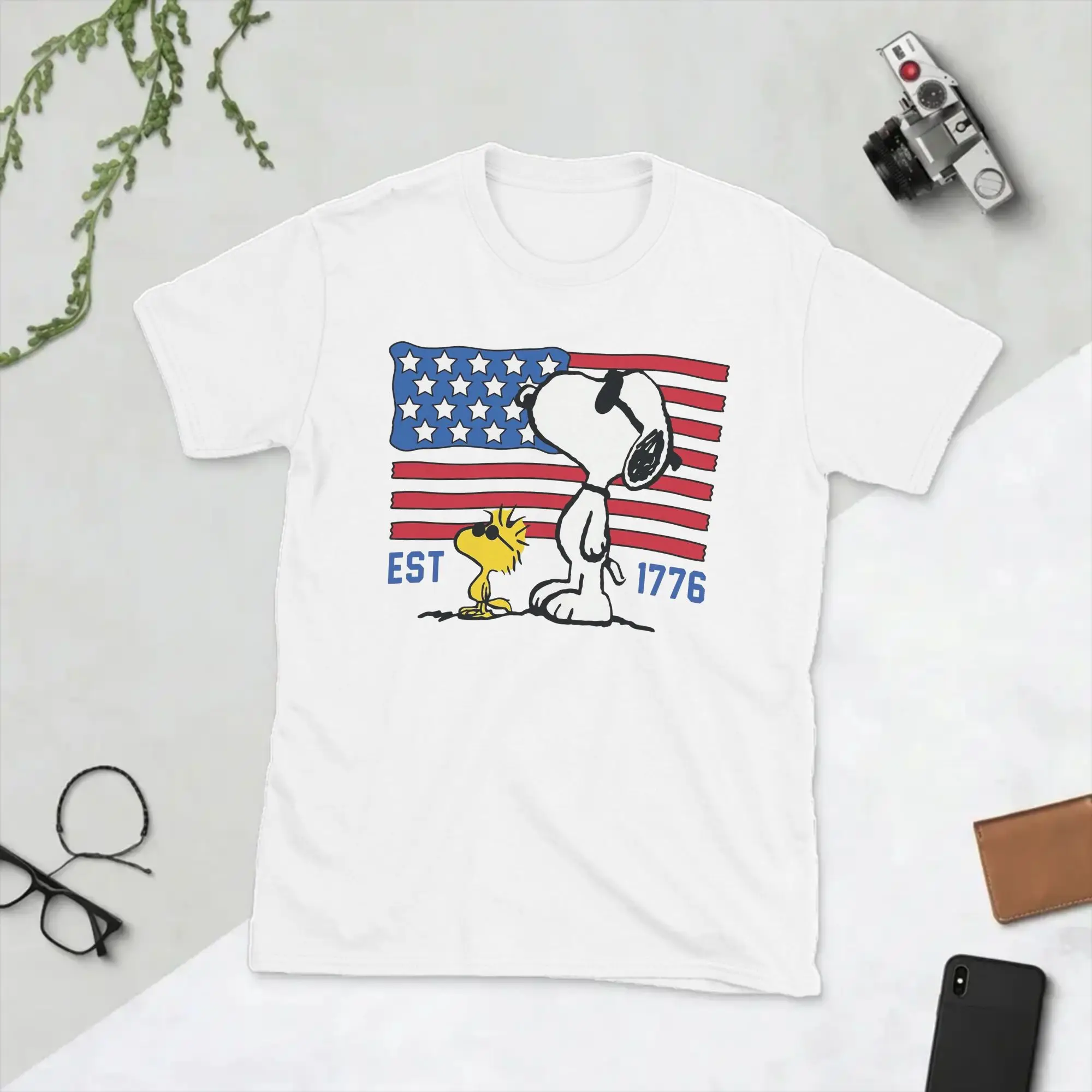 Herren-T-Shirts zum 250. Jahrestag Amerikas, patriotische Snoopys-T-Shirts, lustiges 4. Juli-T-Shirt aus Baumwolle mit rundem Kragen, neues T-Shirt