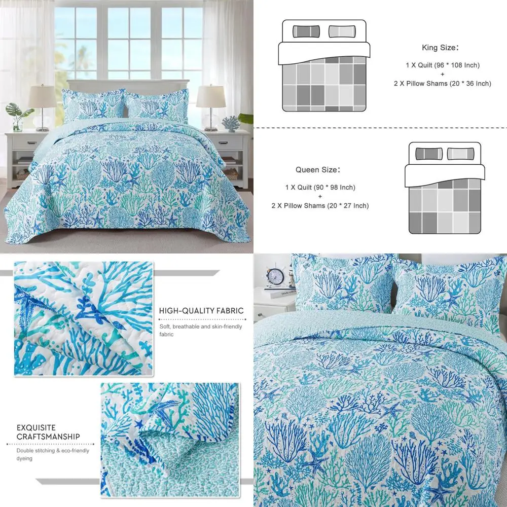 

King Size Beach-Inspired Quilt Set: Ultra Soft, Fade Resistant, Light Blue All-Season Coverlet with 2 Shams