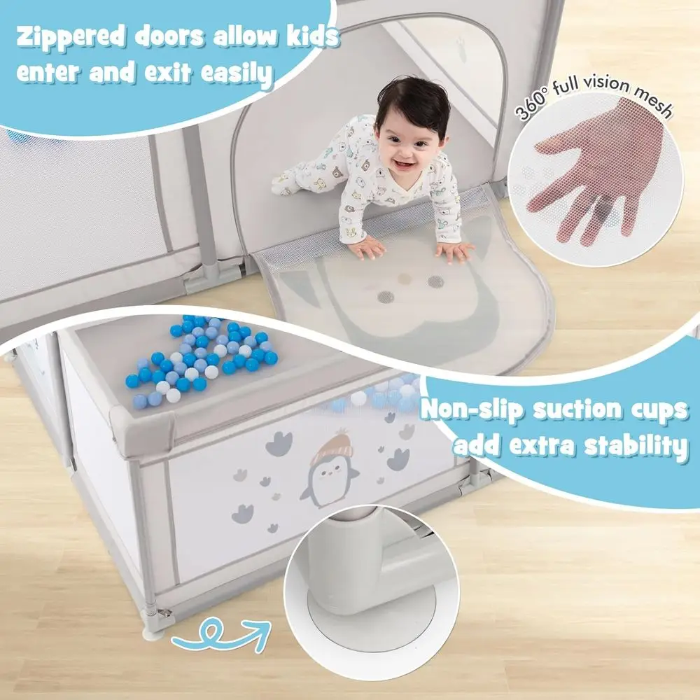 روضة أطفال كبيرة جدًا مقاس 81 × 57.5 مع 50 كرة محيطية، ساحة أمان داخلية/خارجية، شبكة مسامية، بابين بسحاب للأطفال الصغار #5