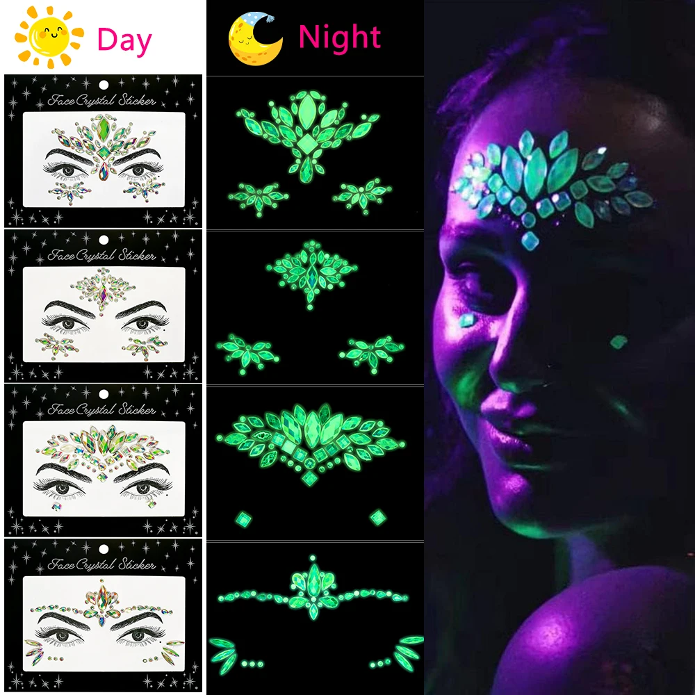 

1Pcs Luminous Face Crystal Tattoo Stickers Temporary 3D Rhinestone Noctilucent Decals Glitter Jewelry Gem Eye Body Party Tattoos