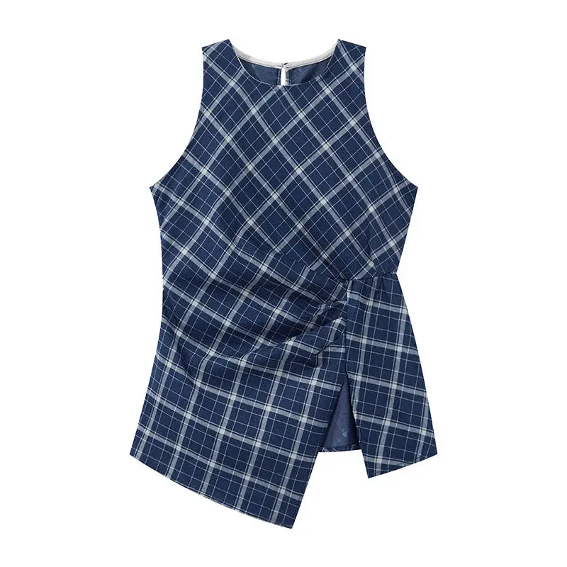 Color blocking plaid slit sleeveless shirt for women's summer new style French top trend  crop top women