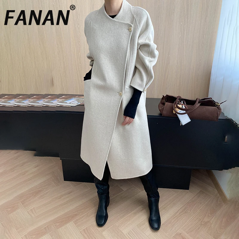 

FANAN, 100% шерсть, асимметричное пальто на пуговицах, женские пальто с круглым вырезом и длинными рукавами, плотная теплая длинная верхняя одежда, женская зима 202, новинка