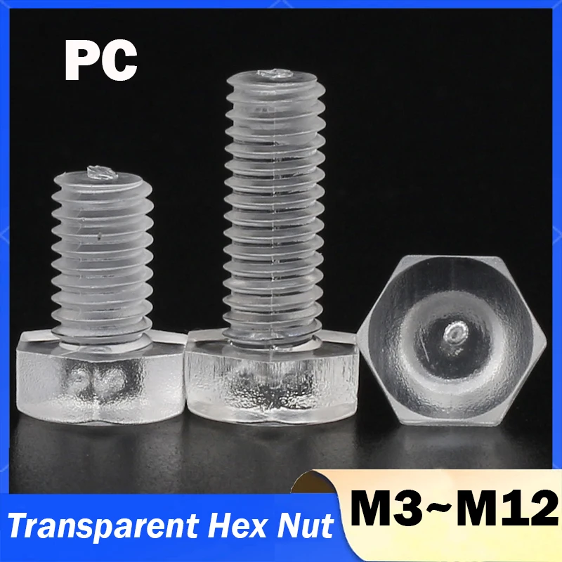 M3 M4 M5 M6 M8 M10 M12 Transparent Hex Nut PC Plastic Hexagon Head Acrylic Insulated Bolts Length 6mm/10mm/12mm/16mm/20mm~50mm