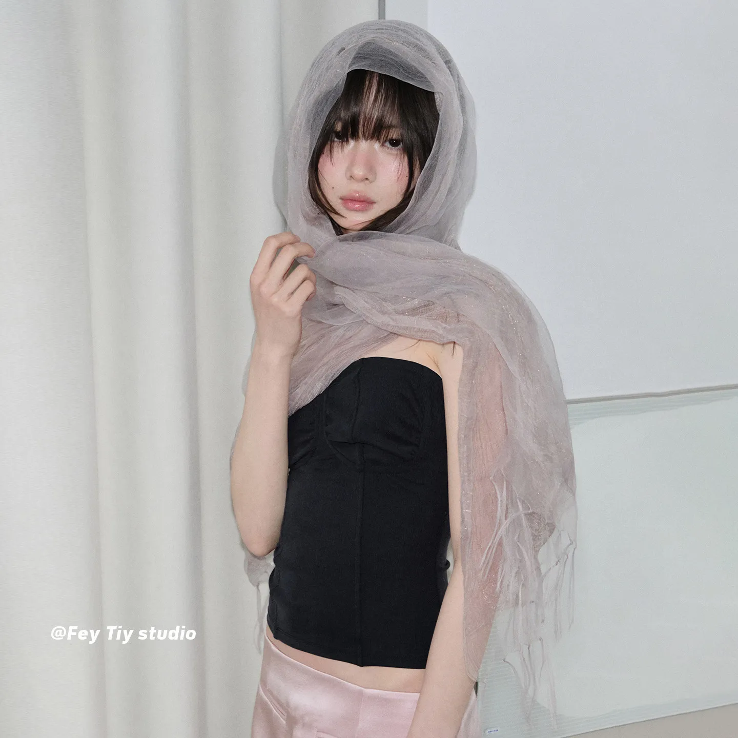 

Popular Japanese Style Sheer Scarf 3-Layer Organza with Tassels, Thin Linen Blend Sun Protection Shawl for Women Daily Wear