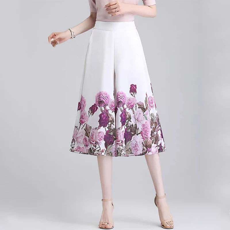 Simplicity Office Lady Summer Floral Skirt Pants Women Elastic Waist Printing Pocket Fashion High Waist Loose Wide Leg Capris