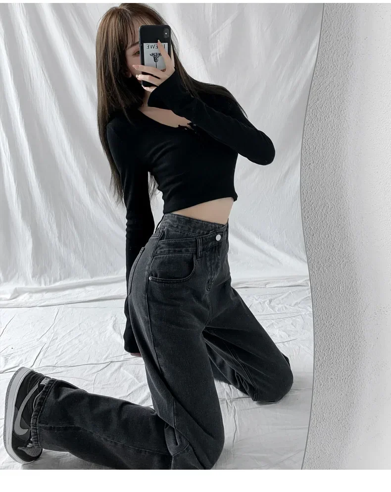 Spodnie z szerokimi nogawkami Damskie dżinsy w stylu vintage Wysoka talia Luźny krój Podstawy Pełna długość Kieszenie Guzik 2025 Casual Denim Proste spodnie — zdjęcie 7