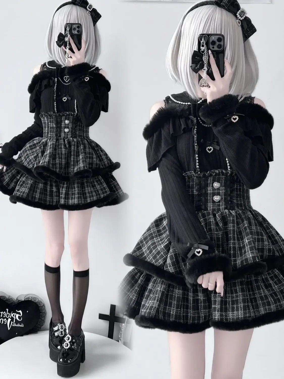 Japanese Harajuku Kawaii Tweed Mini Skirt Plaid Furry Edge Double Layer Ruffle Heart Buttons Y2K High Waist Slim Outfit Women