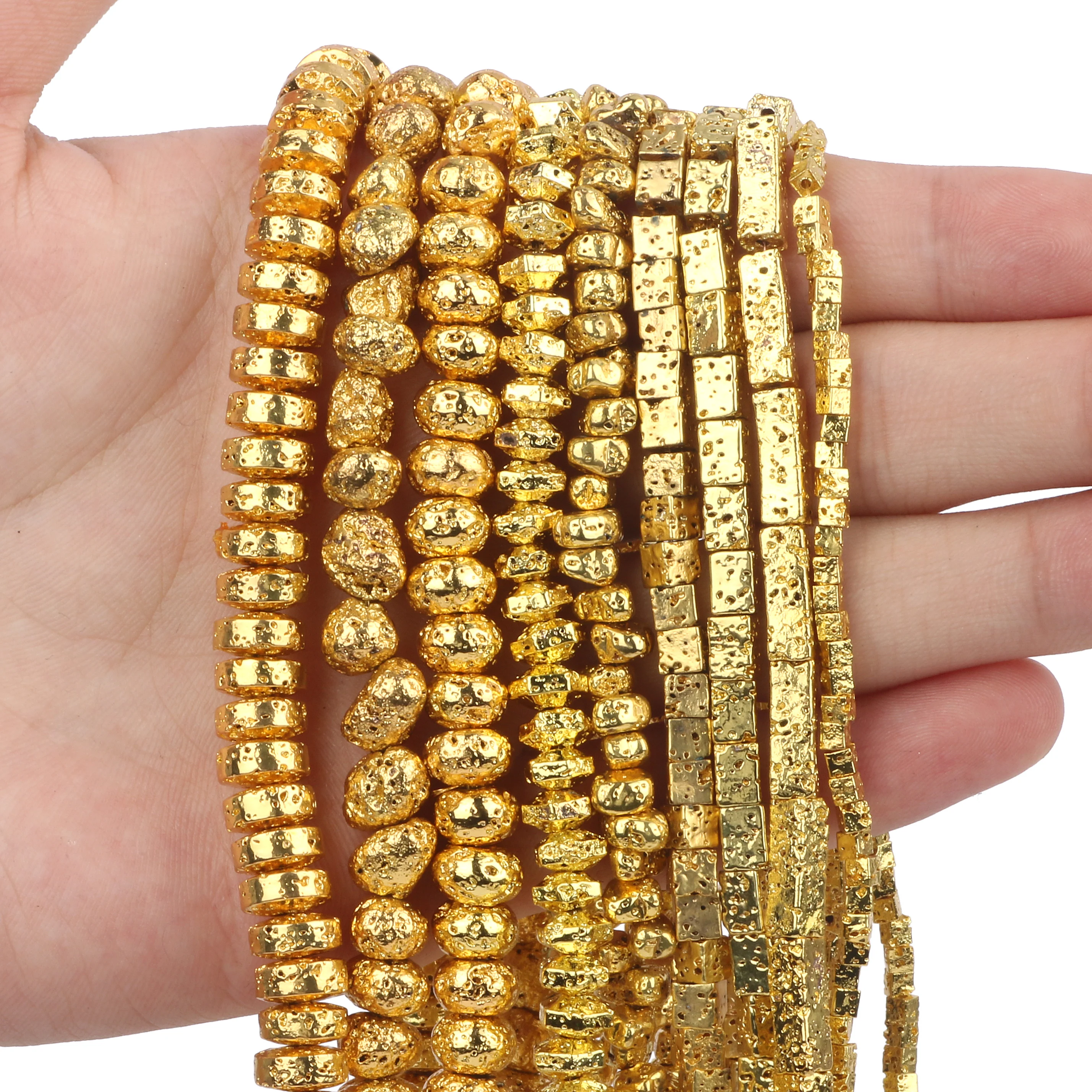 Vergoldete Natürliche Vulkanische Lavastein Runde Unregelmäßige Scheiben Lose Abstandsperlen für Schmuck, Armband, Halskette, DIY-Bastelzubehör – Detail 3