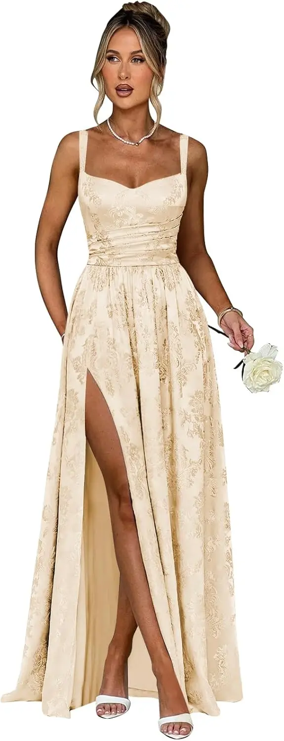 

Party Dresses Spaghetti Strap Jacquard Satin Prom Dresses for Women A Line Pleated Maxi Long Formal Evening Dress with Slit