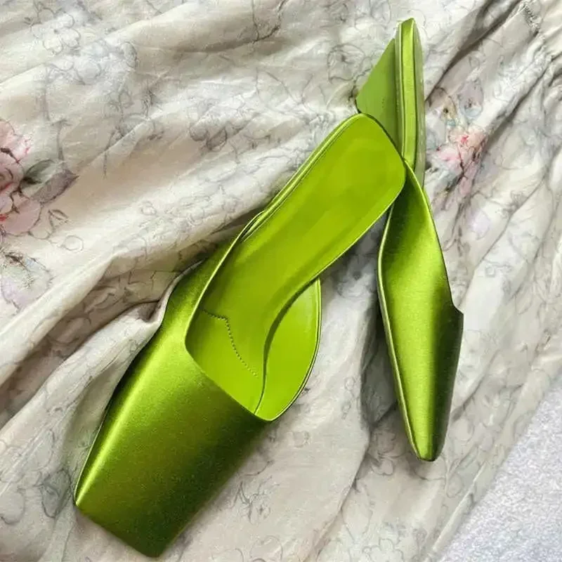Fashion Satin Women's Mules with Heels Summer Sexy Square Toe Strange Low Heel Slide Sandals Elegant Comfort Dress Slippers view 3