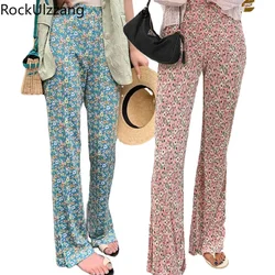 Elastic Waist Boho Plaid Flower Pleated Long Pant Wide Straight Leg Trouser Casual korean women elegant trouser y2k cloth summer