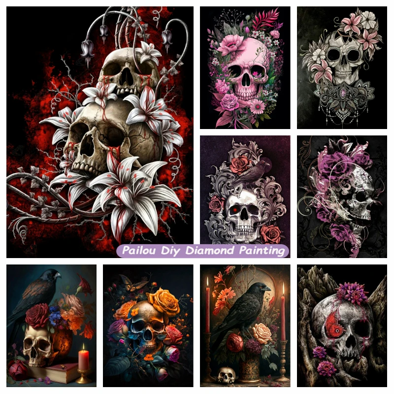 

Halloween Flower Sugar Skull Diamond Painting Art Mexican Day Of The Dead Horror Death Skeleton Roses Crystal Cross Stitch Decor