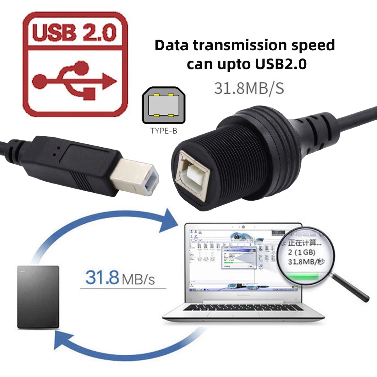 Waterproof Dustproof 480Mbps USB2.0 Standard B Type Male to Female Extension Data Power Cable 1m Car Panel Mount Design