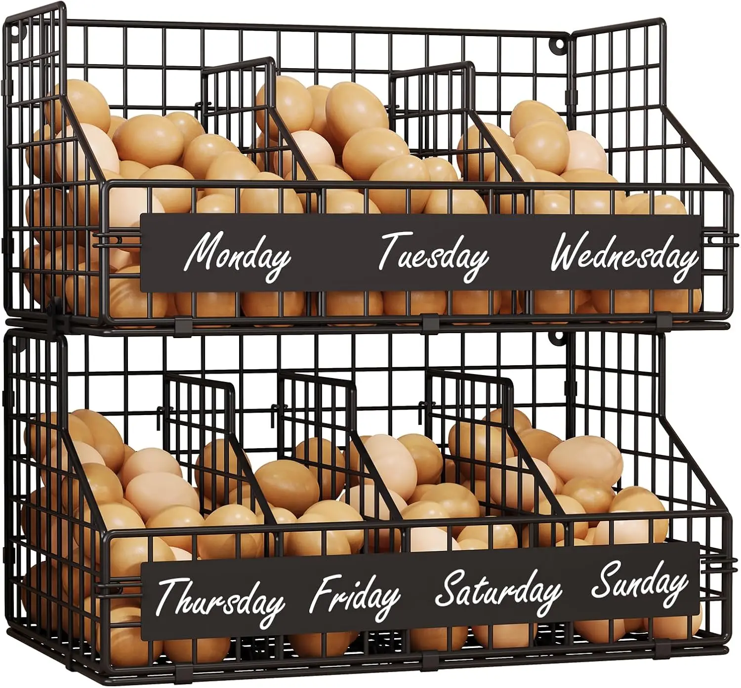 

XXL Stackable Egg Holder with 5 Dividers, 2-Tier Wire Basket for Countertop or Wall Mount, Includes DIY Labels