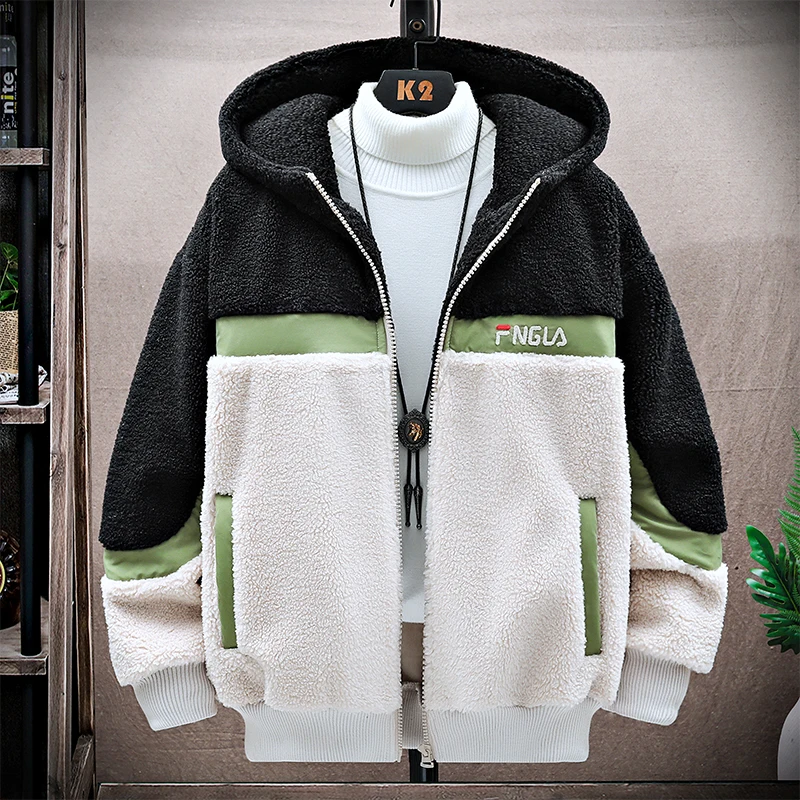 

Lamb Velvet Thiened Winter Jaet for Men Youth Warmth Cotton Coat with Lamb Fur Collar Casual Loose Fit Zipper Closure