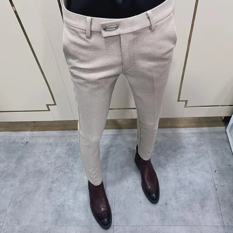 Calça de terno de lã espessa masculina, calça quente justa, negócios formais, escritório, social, vestido casual, outono, inverno, 2023