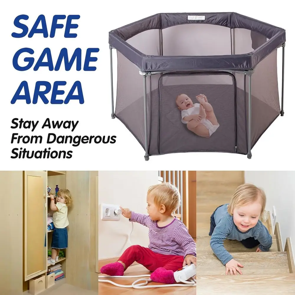 ساحة لعب محمولة مقاس 53 × 53 - روضة أطفال داخلية/خارجية مع جدران شبكية، مساحة آمنة قابلة للطي للسفر والاستخدام المنزلي (رمادي)
