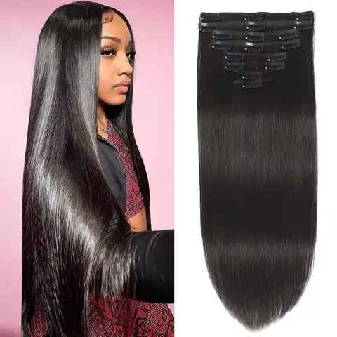 Estensioni dei capelli Clip dritta nelle estensioni dei capelli Estensioni dei capelli neri morbidi Clip per estensioni dei capelli spessi 16-28 pollici