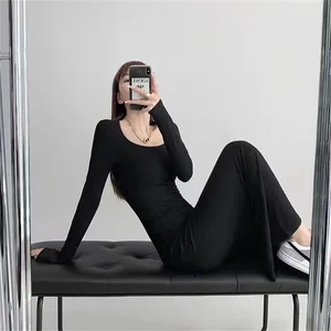 المرأة طويلة الأكمام حورية البحر منخفضة الرقبة أحادية اللون مثير نمط اللباس الربيع الخريف أفضل 6 فساتين طويلة مبيعا - رقم 6